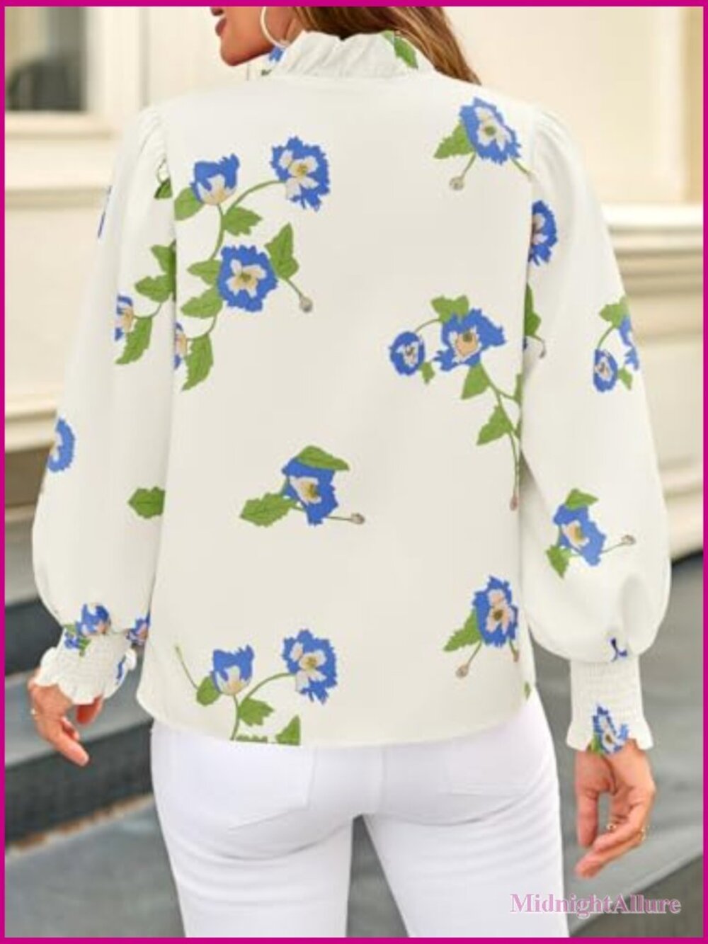 V Neck Floral Puff Sleeve Blouse Boho Button Down Shirt Dressy Casual - Picture 3 of 7